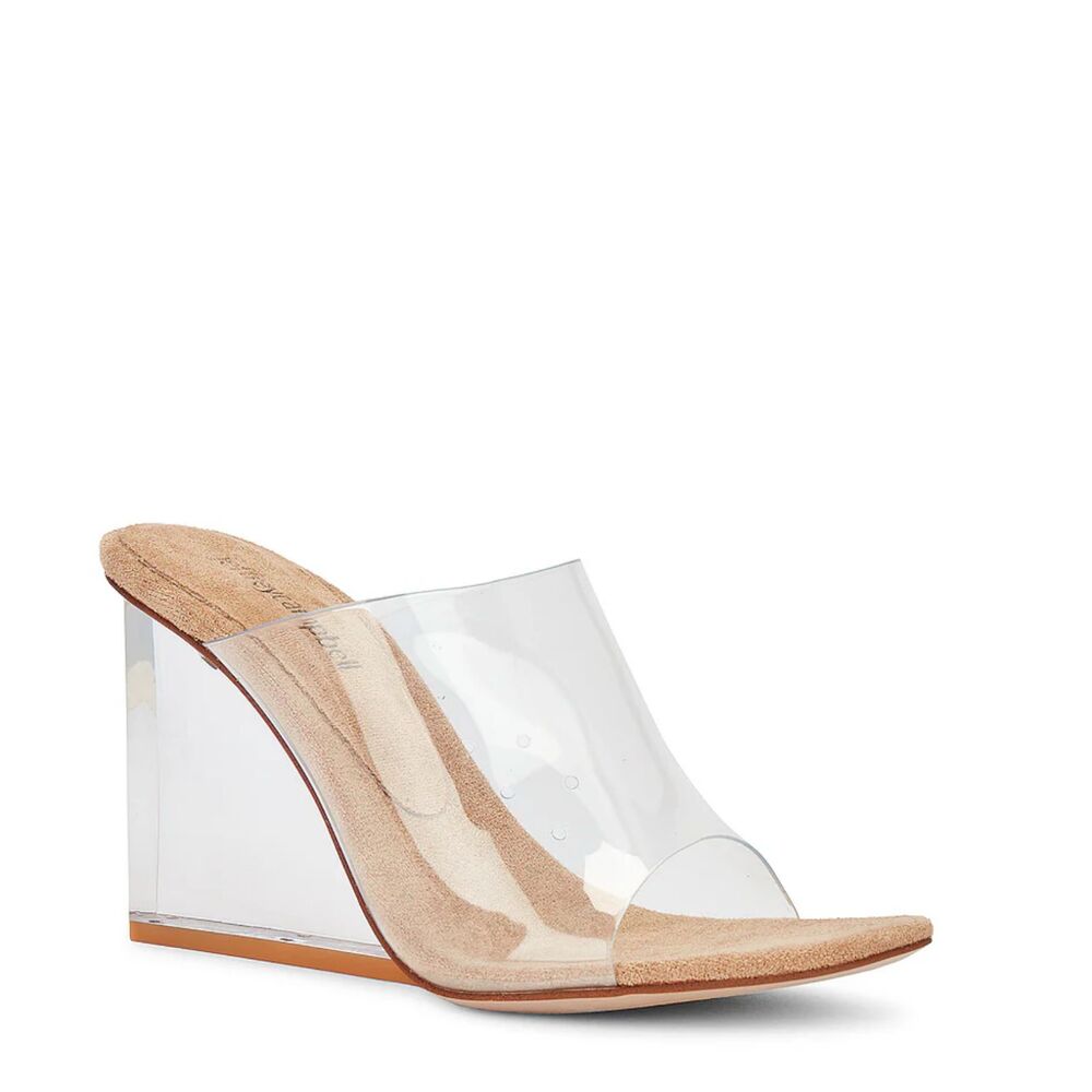 Jeffrey Campbell Lucite Wedge Mules 9.5 Wedding Cocktail Party Y2K Clear Acetate